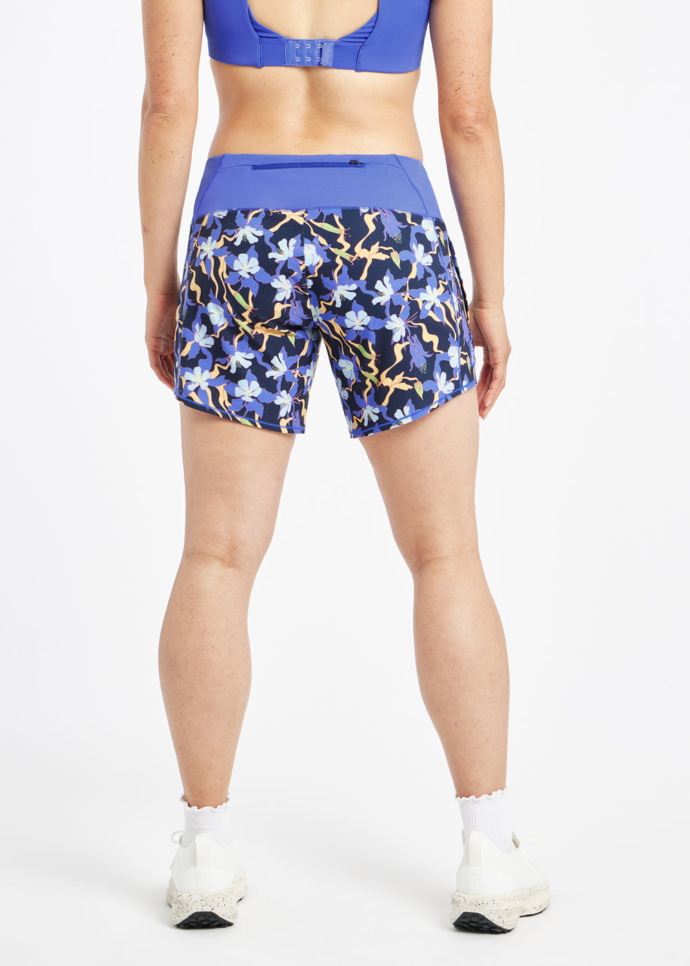 Roga 6" Running Shorts in blue floral print, back view