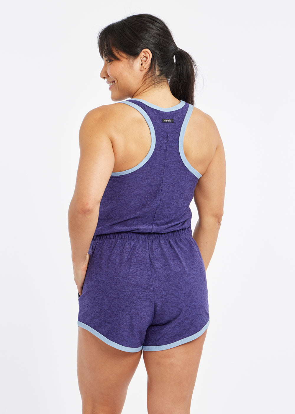 Lux Racerback Romper in Purple Twilight, back view