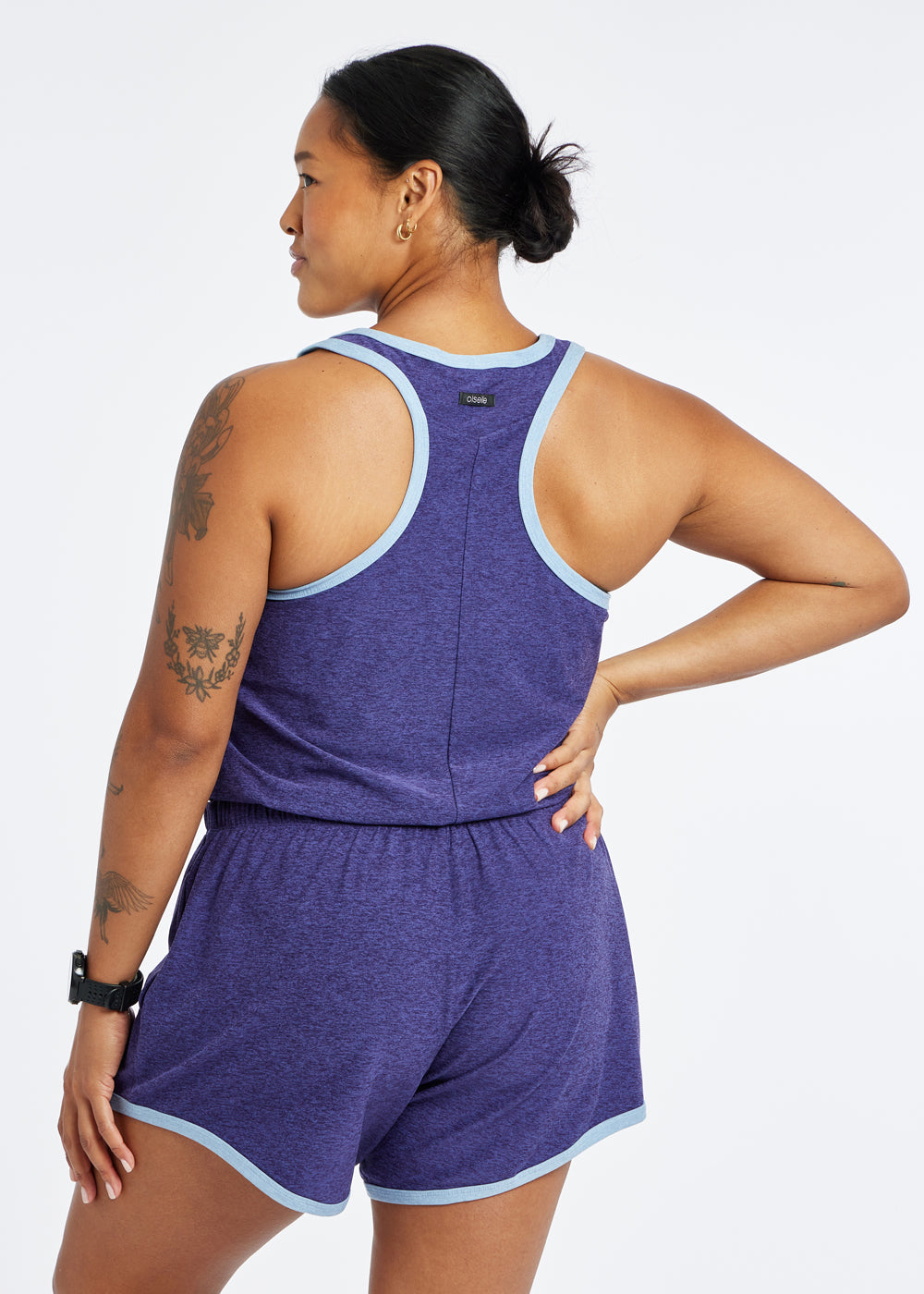 Lux Racerback Romper in Purple Twilight, back view