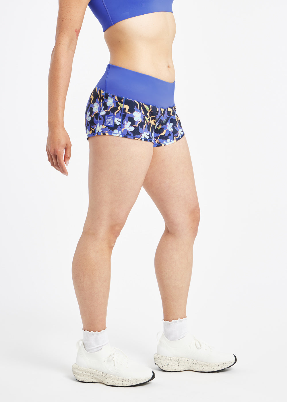 Roga 1.75" Running Shorts in blue floral print, side view