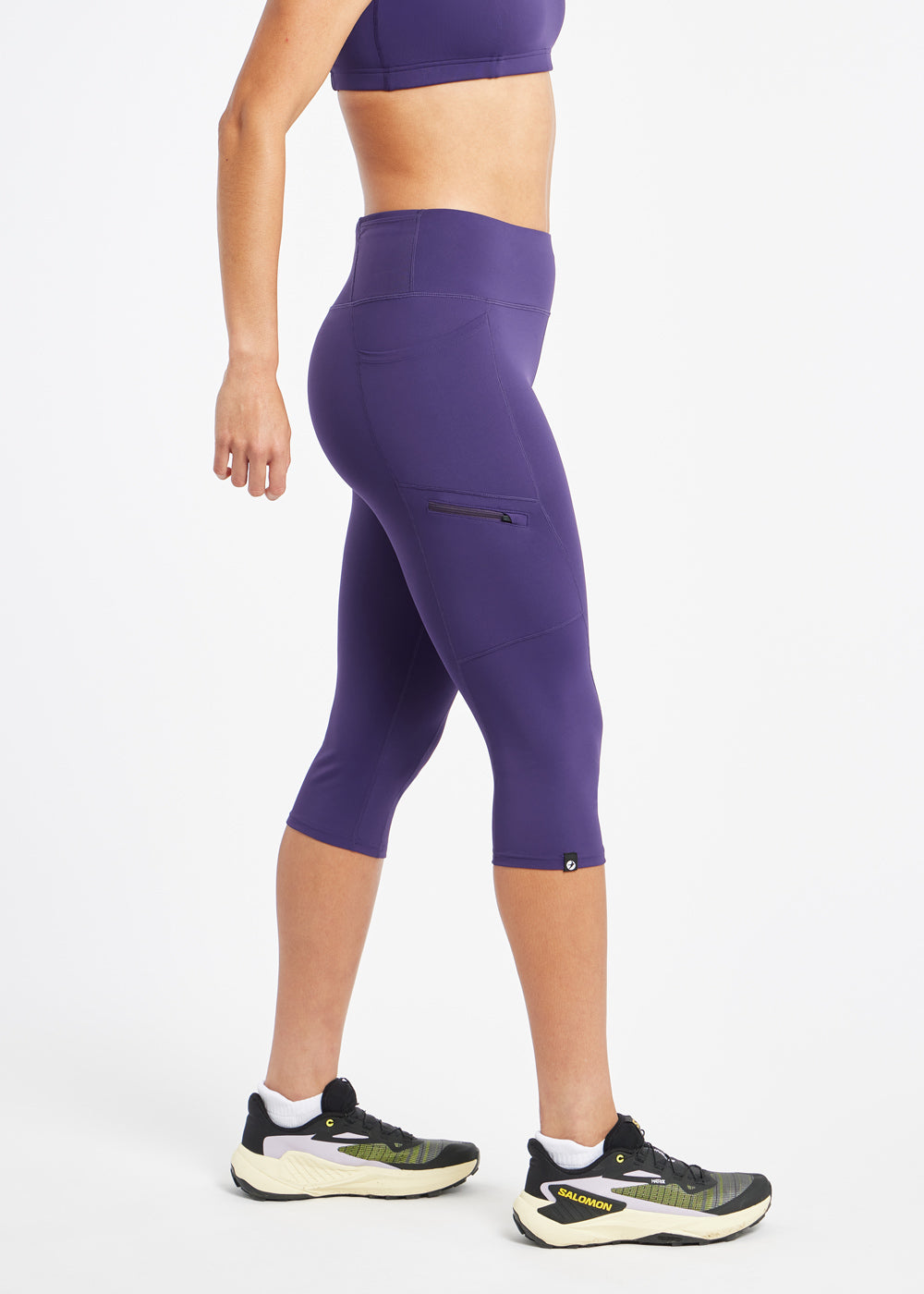 Woman wearing purple knickers in size 6, side view