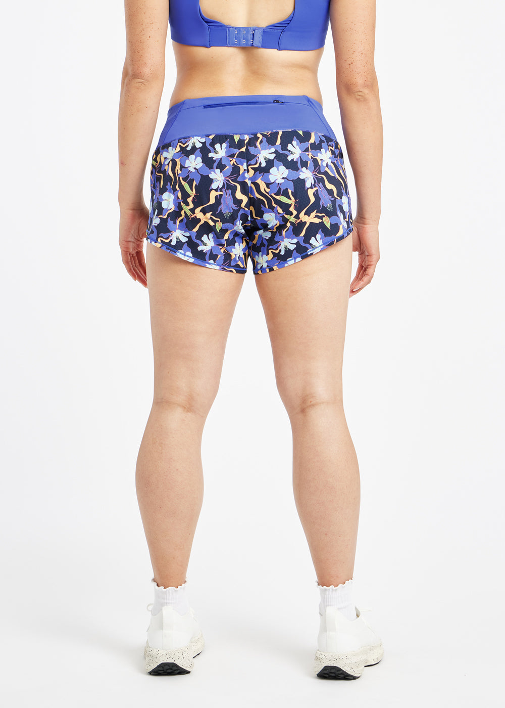 Roga 4" Running Shorts in blue floral print, back view