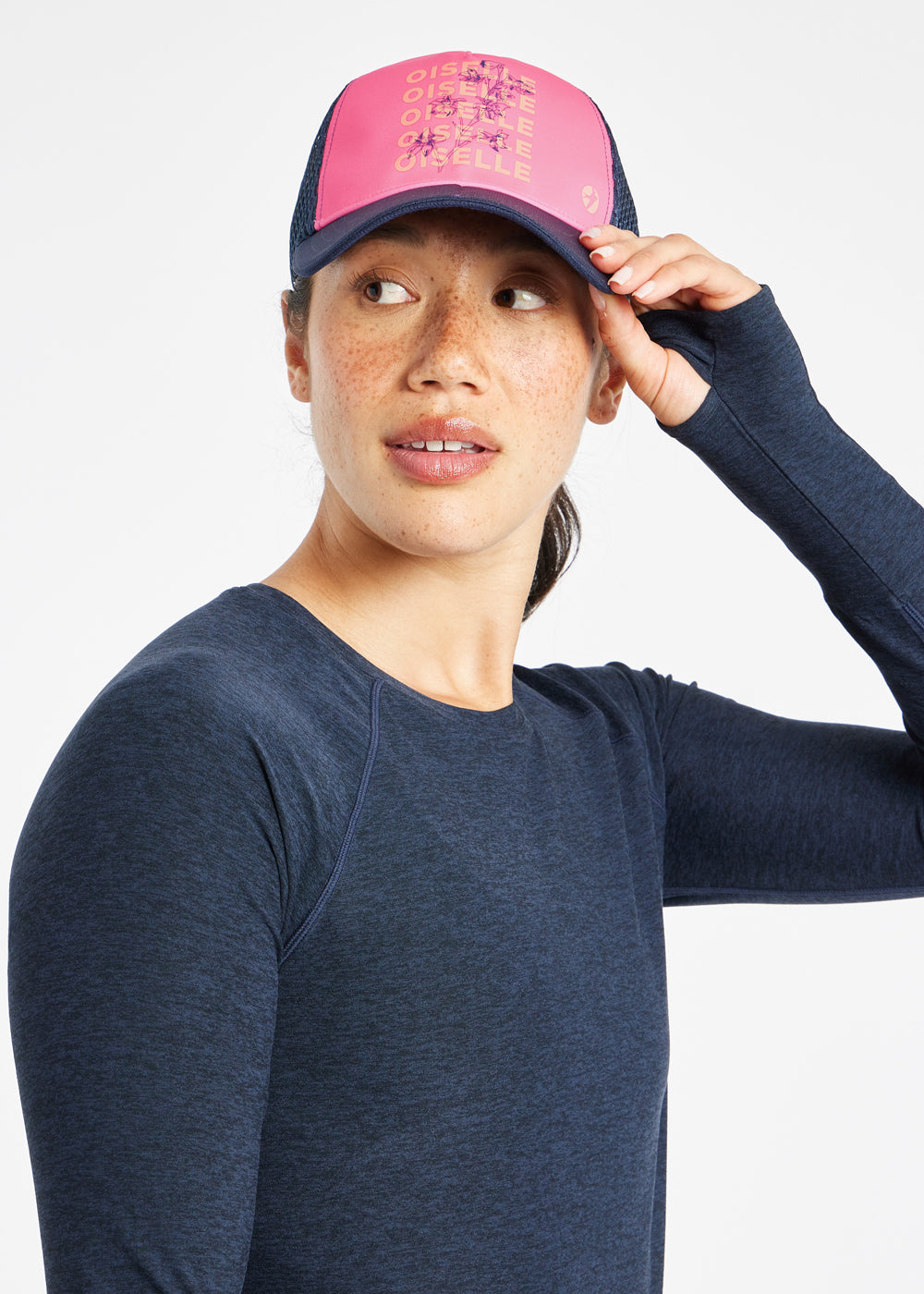 Runner Trucker Hat in Pink Oiselle Print, front view