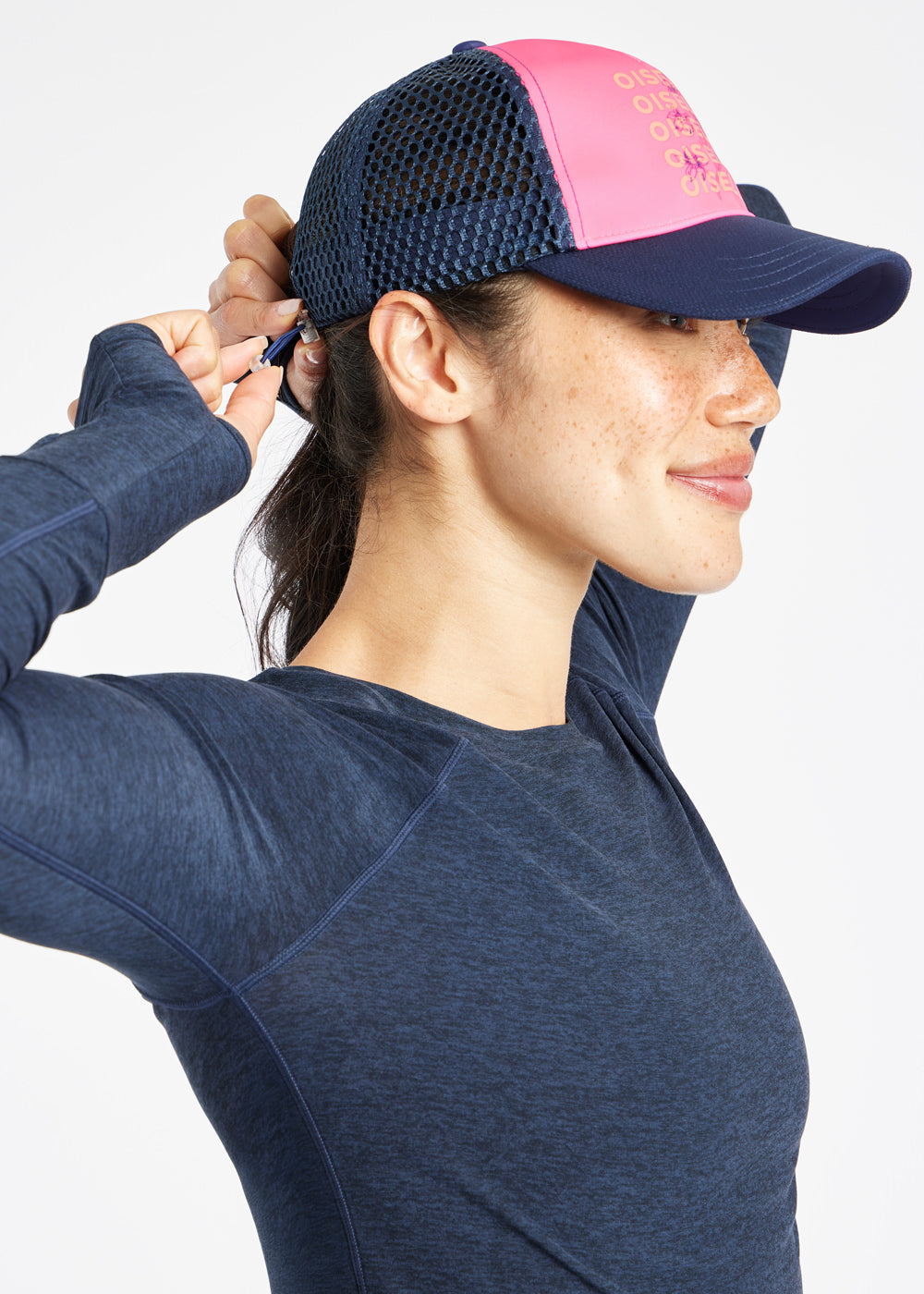 Runner Trucker Hat in Pink Oiselle Print, side detail closure view