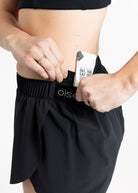 Close up of running shorts internal back pockets