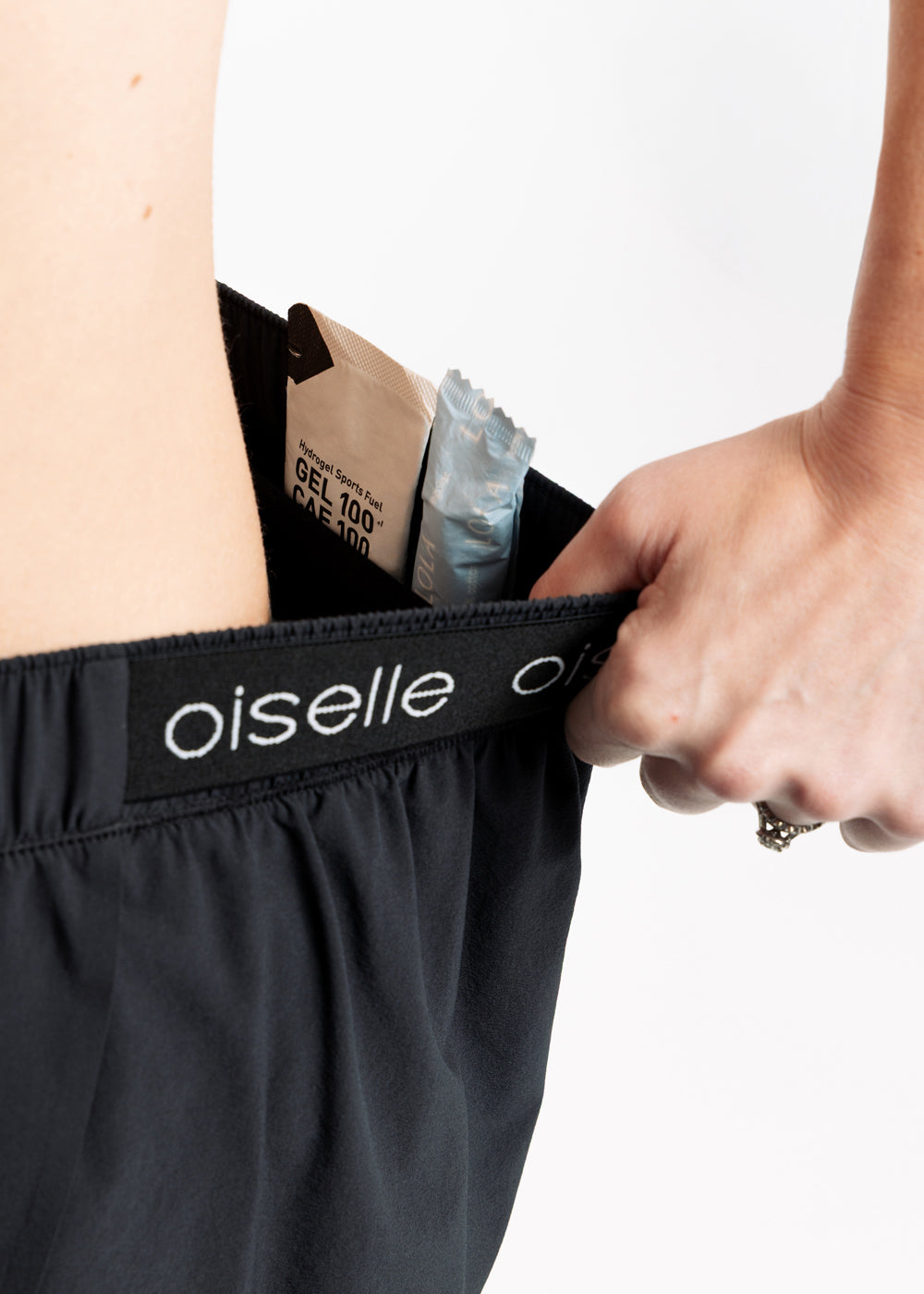 Close up of running shorts internal back pockets