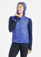 Whirlwind Running Vest in Blue Rapids, front view with hood up