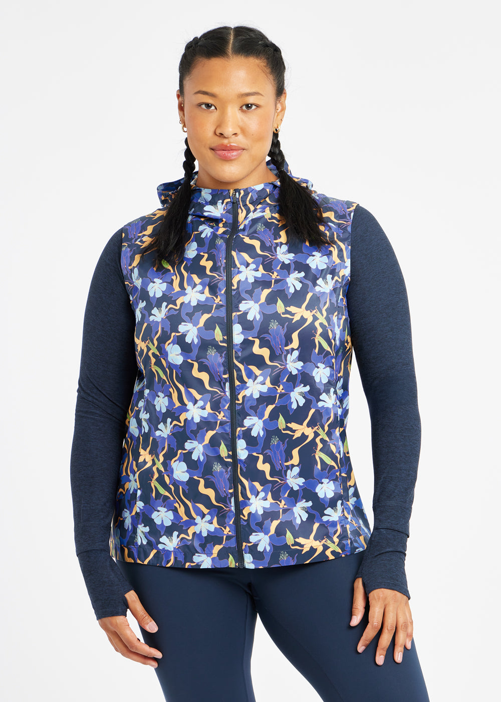 Whirlwind Running Vest in Ink Blue Aquila Bloom Floral Print, front view